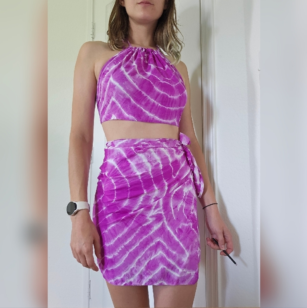 Purple tie-dye wrap skirt & halter set